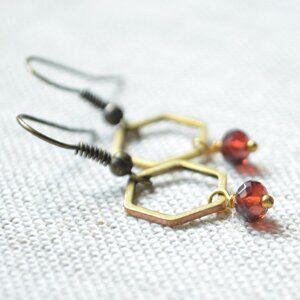 Raw Brass Earrings with Real Garnet Gemstones